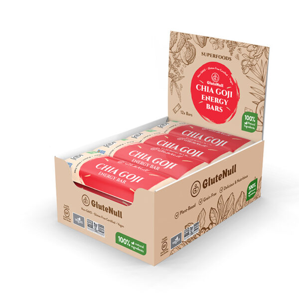 Box of 12 chia goji energy bars, rich in antioxidants and fiber