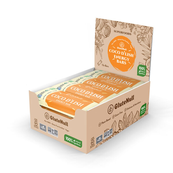 Box of 12 Coco D’Lish energy bars with rich coconut flavor and nutritious ingredients