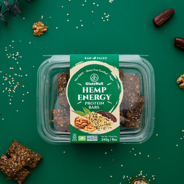 Hemp Energy Bars made with hemp hearts, dried fruits, and walnuts, providing a nutritious source of plant-based protein and healthy fats.