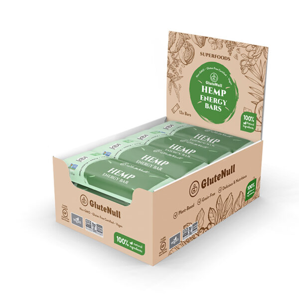 Case of 12 individually packed Hemp Energy Bars, each 42g, made with hemp hearts, dried fruits, and walnuts, offering a nutritious vegan protein snack.