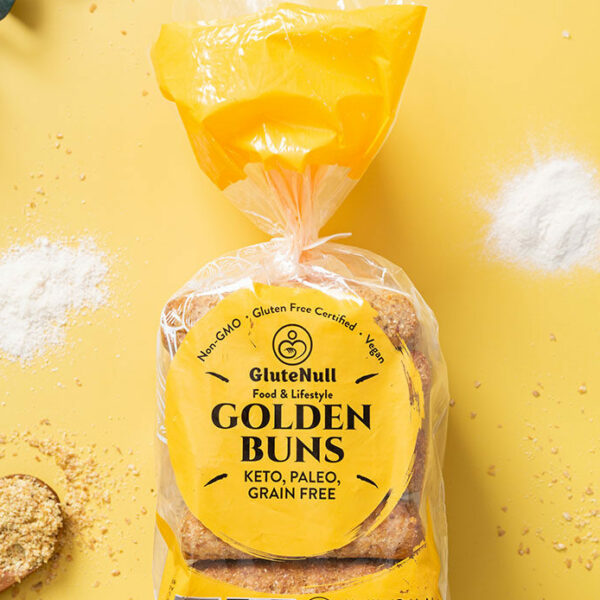 Golden Keto Buns made with golden flax meal and organic coconut flour, offering only 2g net carbs per bun, perfect for keto and paleo diets.